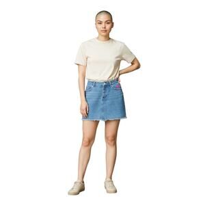 Forever 21 Barbie Graphic Denim Mini Skirt rhinestone sequin-embellished. SZ-M.